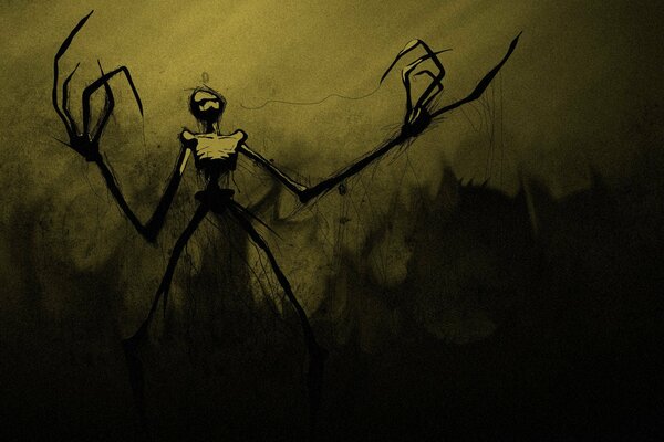 A black skeleton in the dark with long bony fingers