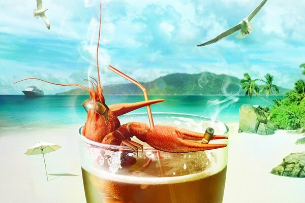 Détente-cocktail homard mer et mouettes