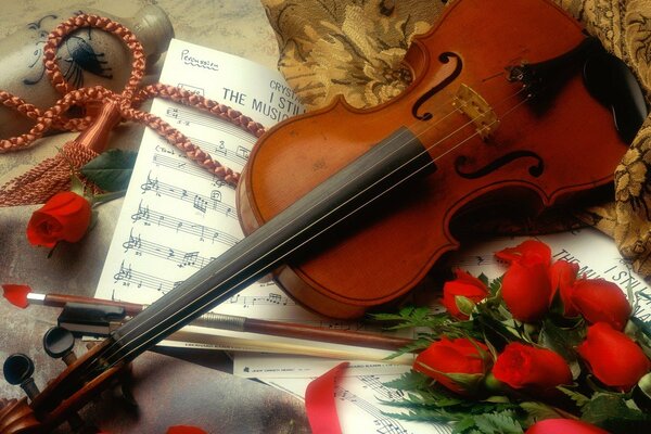 Un beau violon entouré de roses