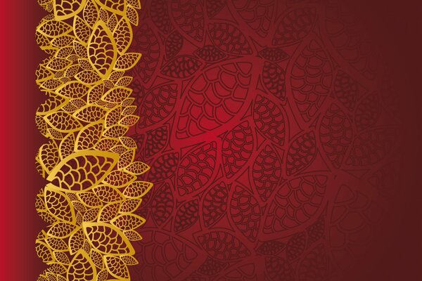 En el fondo antiguo, la textura roja del modelo floral dorado, el patrón de flores adorna el fondo