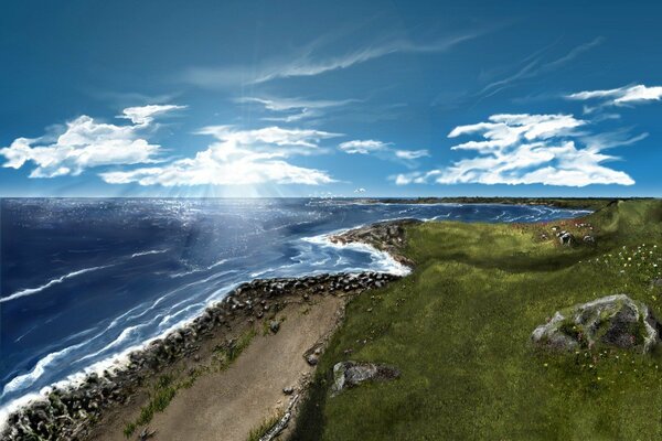 The road on the background of a green rocky landscape and the sea