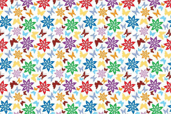 Farfalle colorate e fiori su sfondo bianco