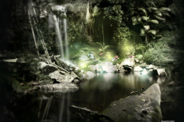 Cozy darkness on a pond among flowers