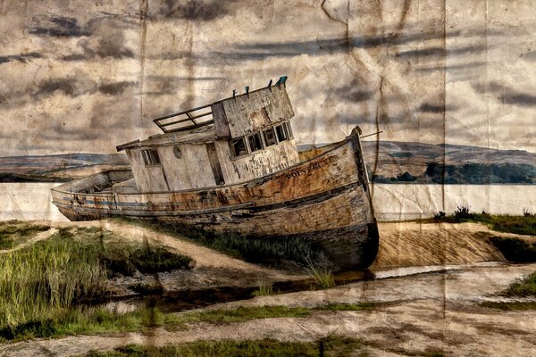 Ein verlassenes altes Schiff am Flussufer