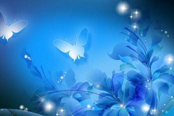 Butterflies on a background of flowers in blue