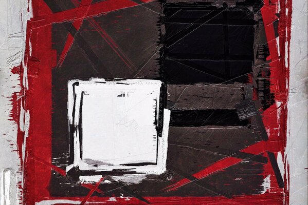 Абстрактное полотно с белым квадратов в центре на чёрном фоне в красной рамке