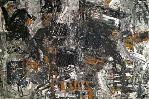 Abstract painting of strokes of black, white and orange paint