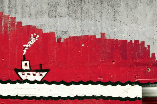 Red white drawing of a boat on the wall