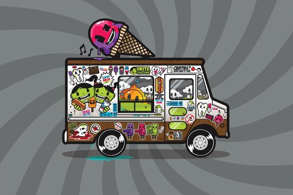 A bright ice cream van on a gray background