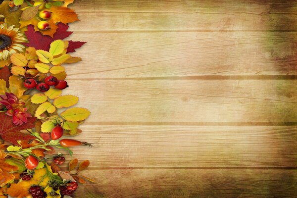 Vintage wooden background with leaves