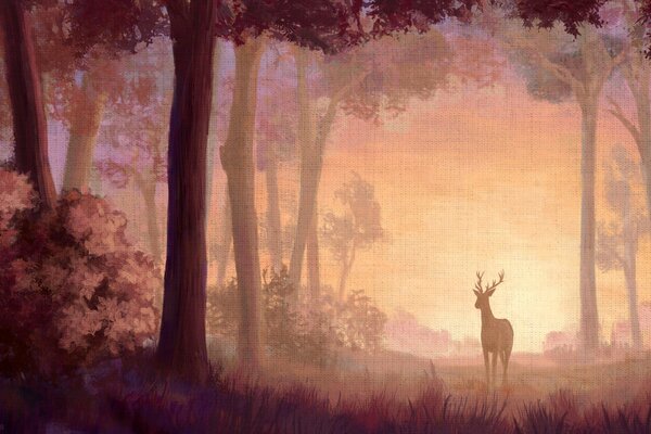 The canvas has very delicate shades, beautiful trees and a deer