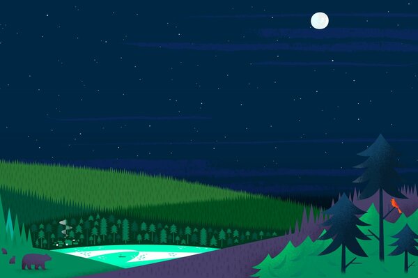 Ciel étoilé dans la forêt, avec la lune et l ours