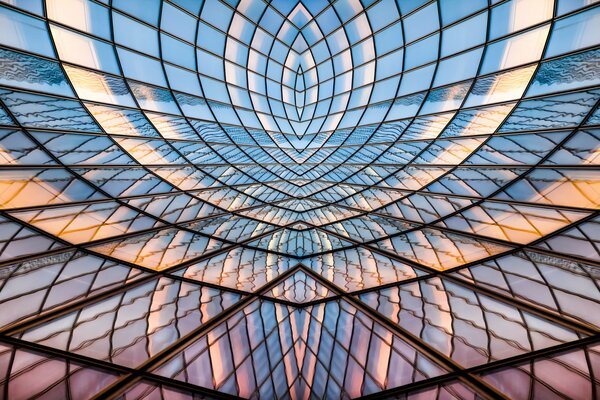 Stained glass window with multicolored lines