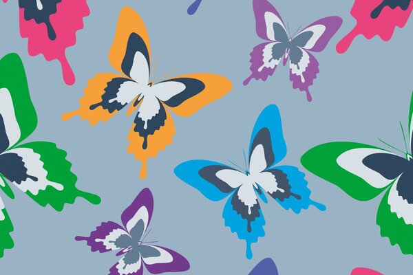 Mariposas multicolores sobre fondo gris