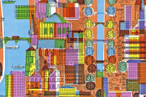 Drawing on canvas. A city with houses, streets and trees