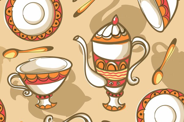 Tea set on beige background