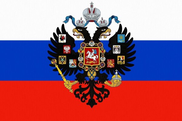 Escudo de armas de Rusia en el fondo de la bandera de Rusia