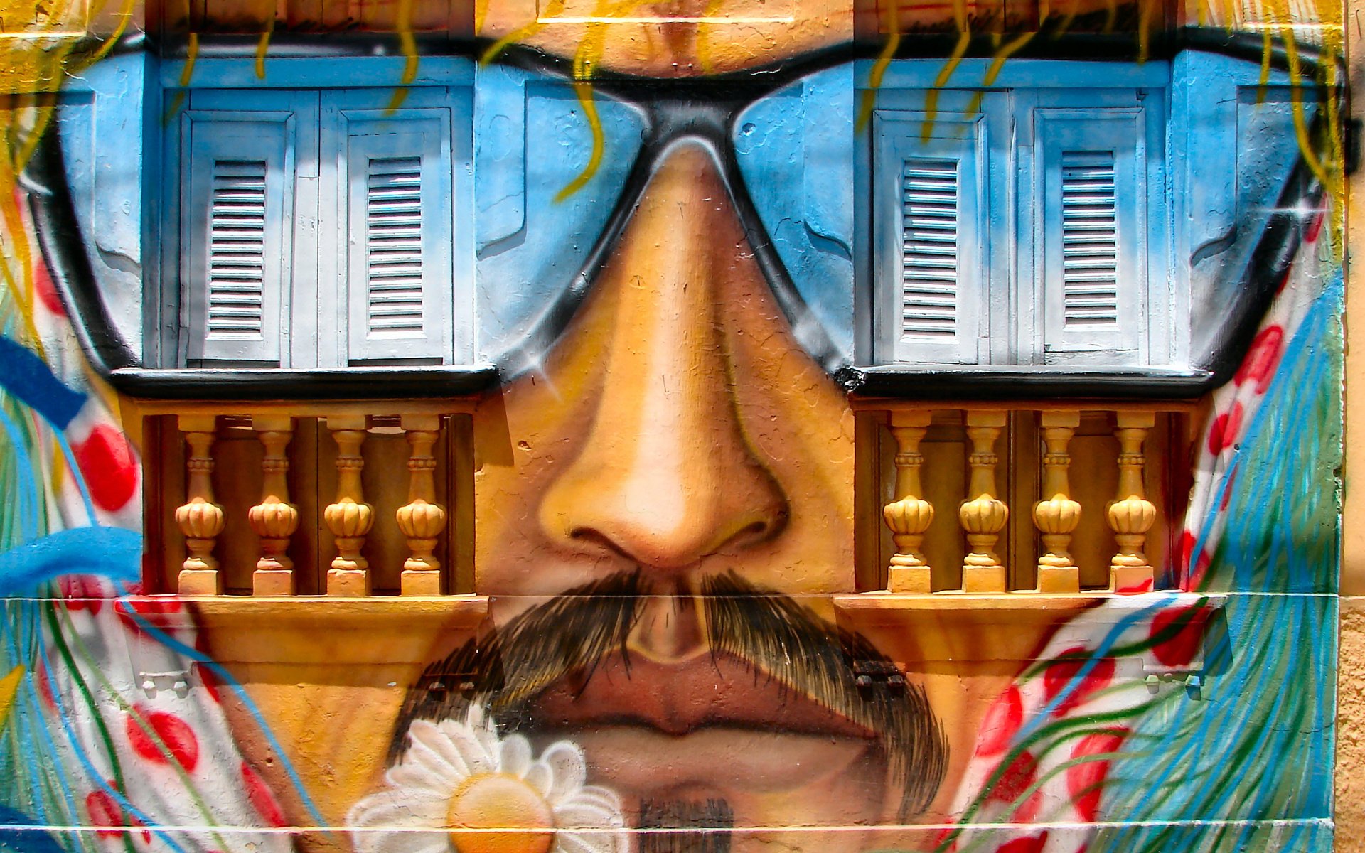 artistique graffiti mur fenêtre lunettes de soleil bouche nez moustache fleur