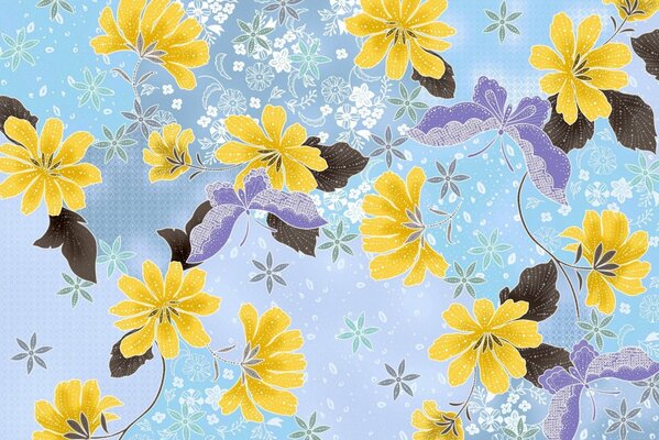 Yellow flowers and purple butterflies on a blue background