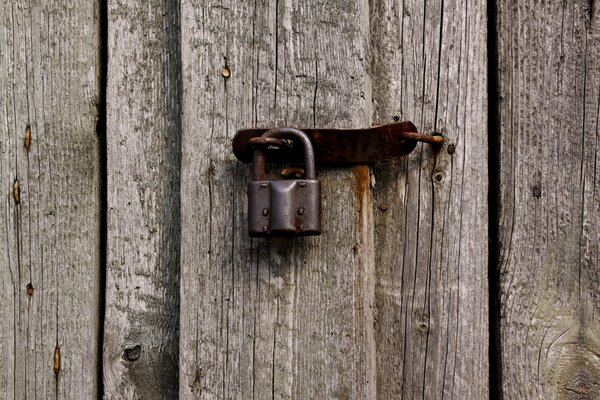 Metal lock on wooden door