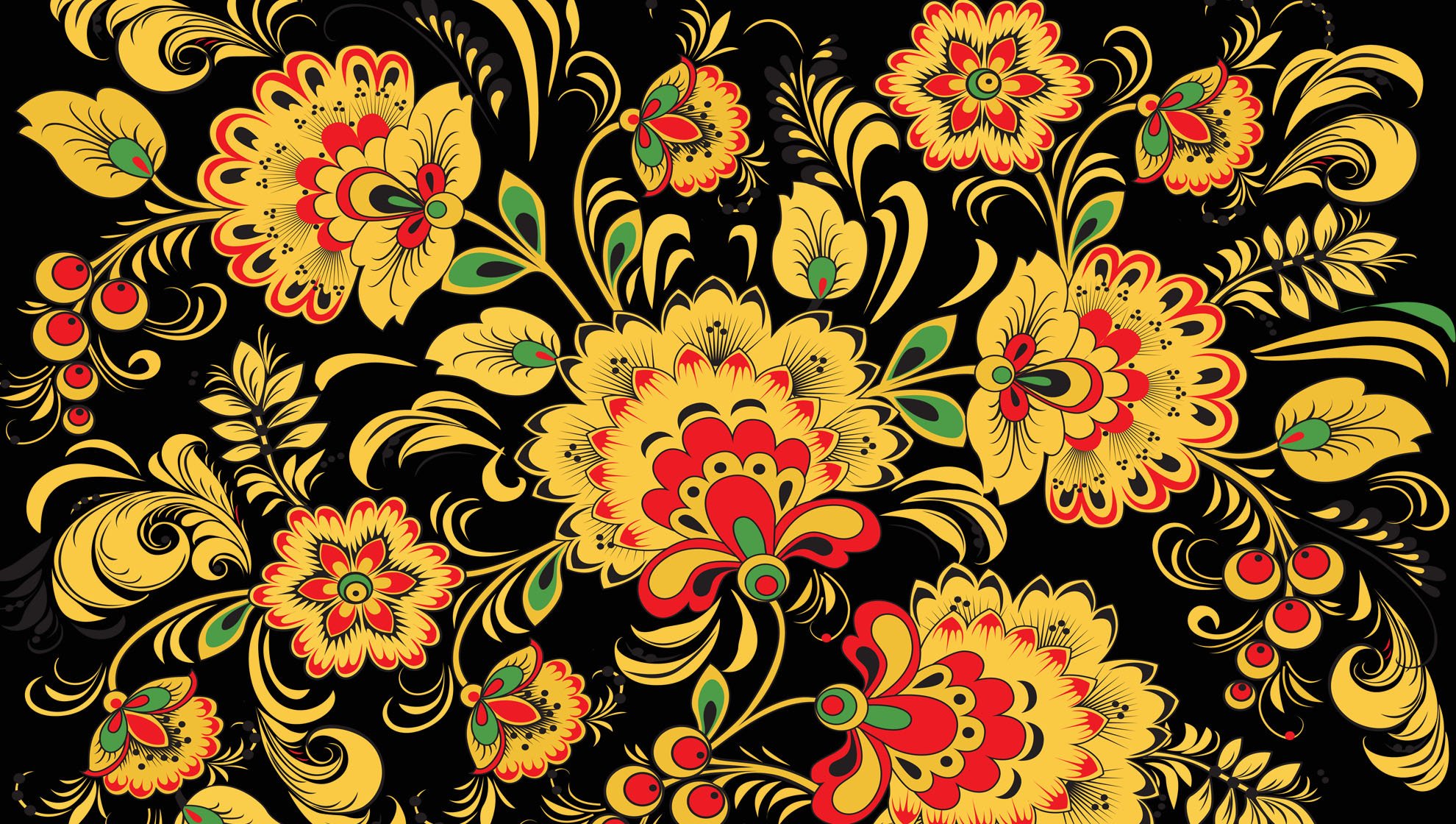 khokhloma pattern patterns flower yellow leaves background berries russia