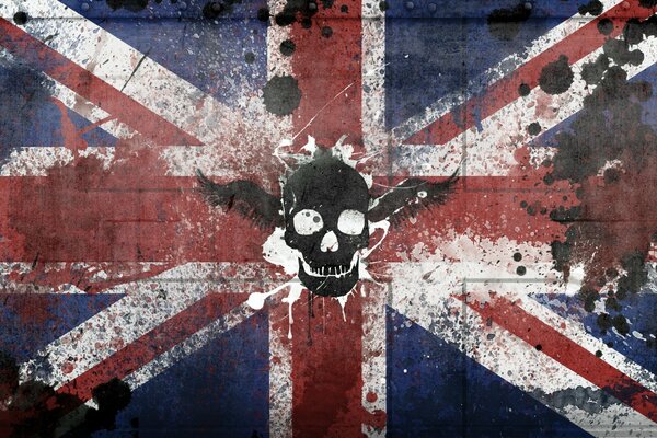 Die britische Flagge auf dem Bild ist mit einem Schädel und hellen Farben versehen
