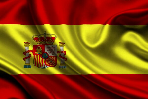 Bandera de España escudo de armas sobre fondo rojo amarillo