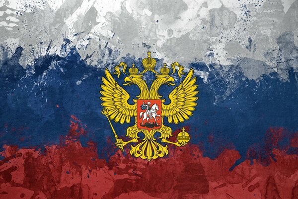 Escudo de armas de Rusia en el fondo de la tricolor