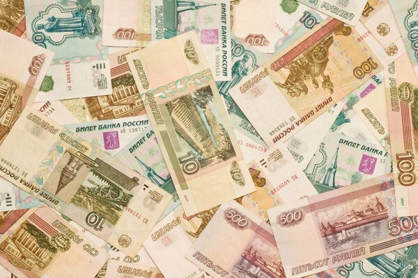 Scattered Russian banknotes in color