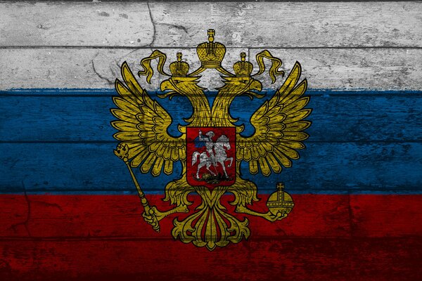 Coat of arms of Russia on a tricolor background with a wooden texture