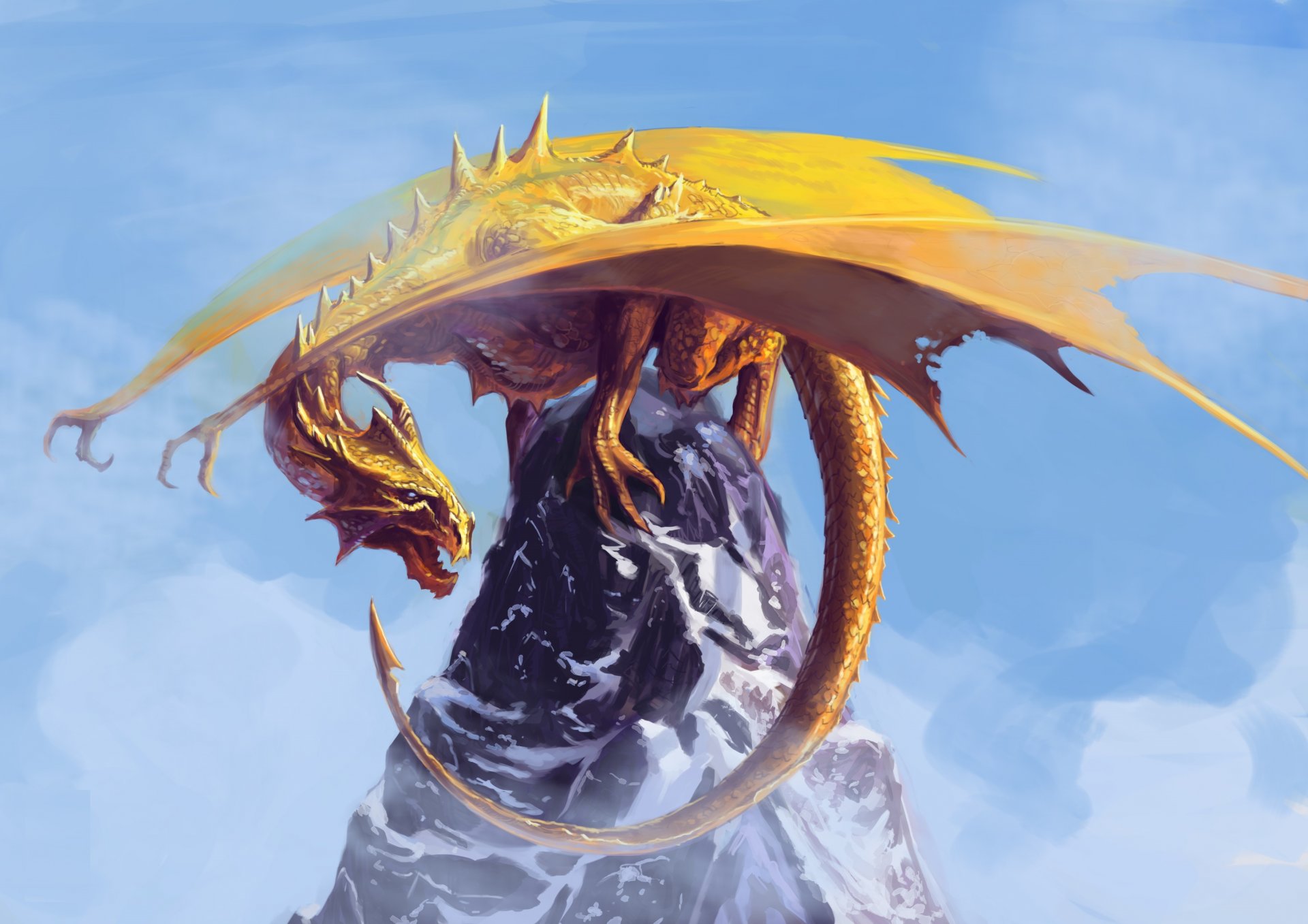 fiction art dragon yellow face fall wings rock sky