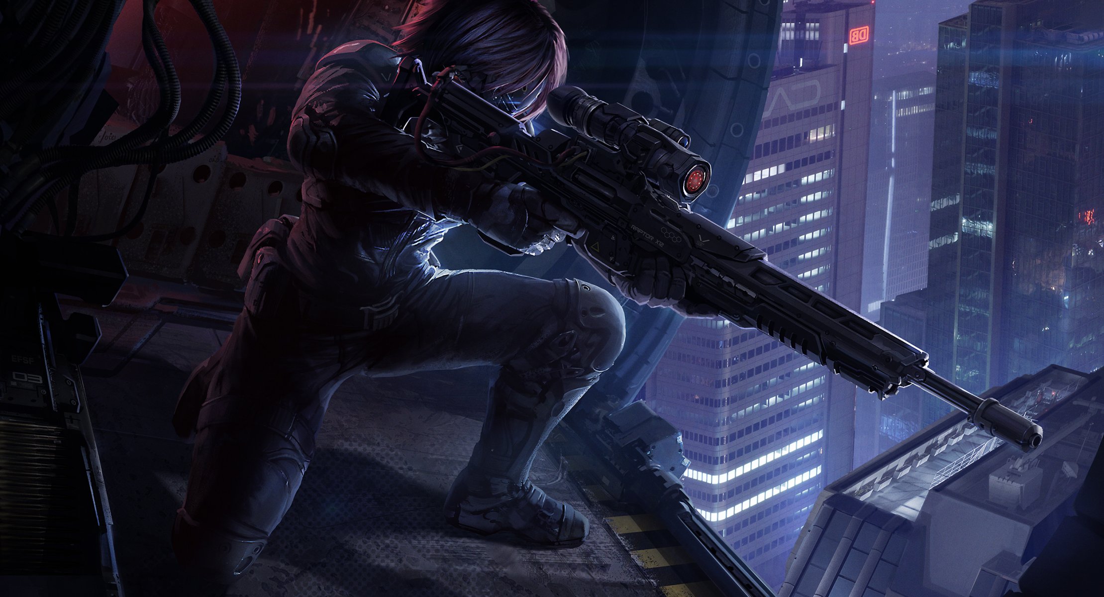 niper cyborg helicopters night fiction cyberpunk sniper rifle