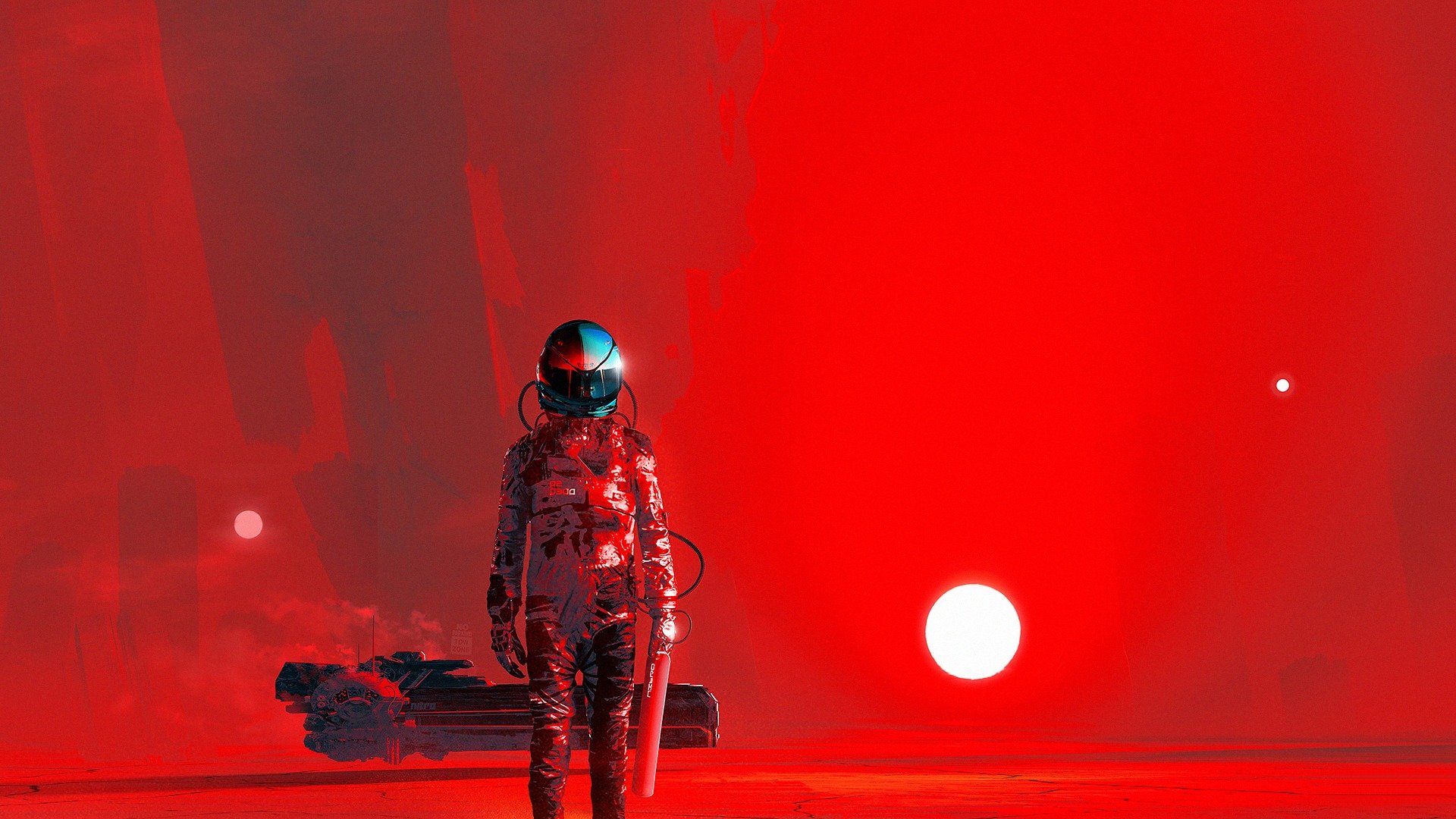 traje espacial casco arte fantasía sol rojo