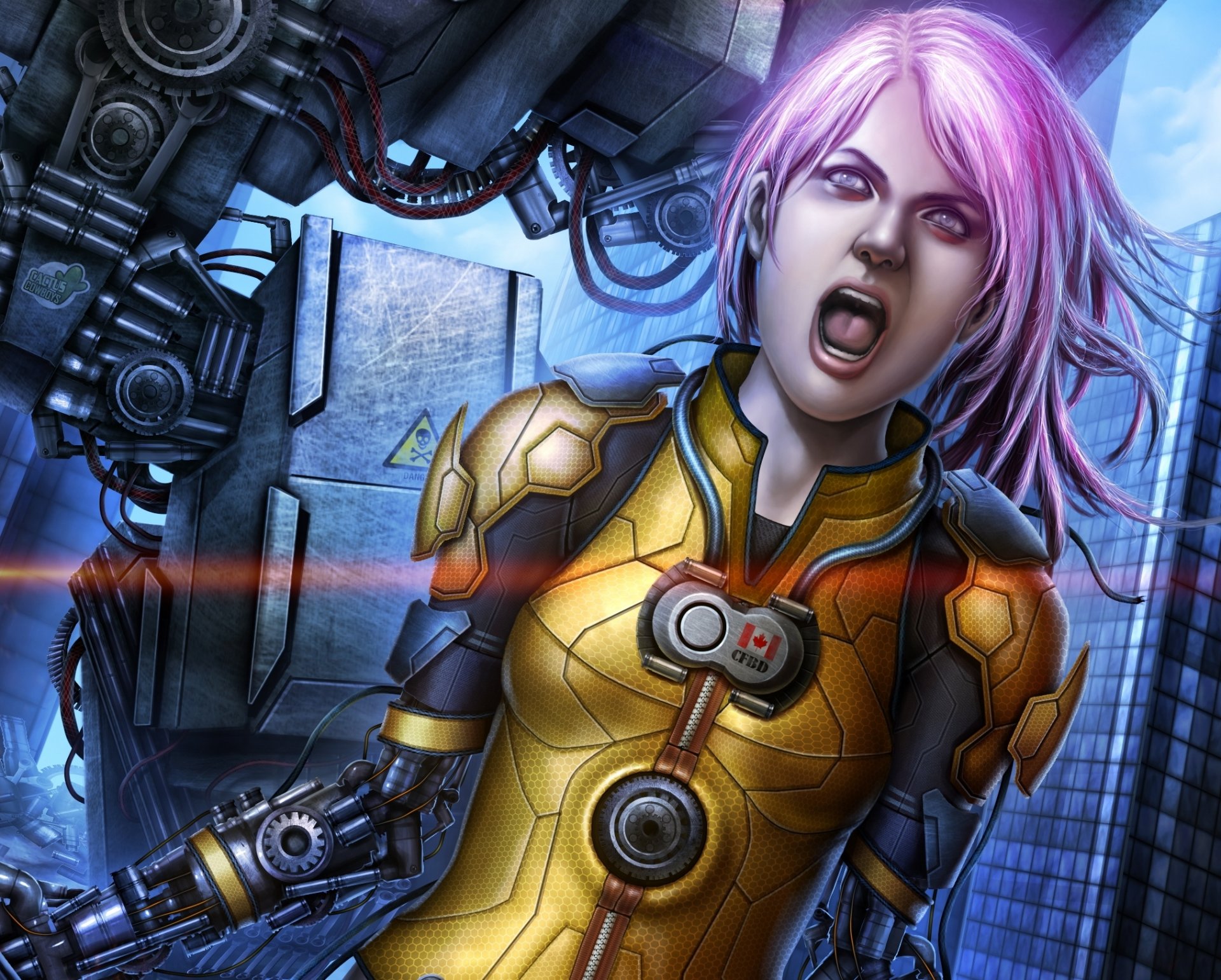 girl pink hair cry cyborg fiction face