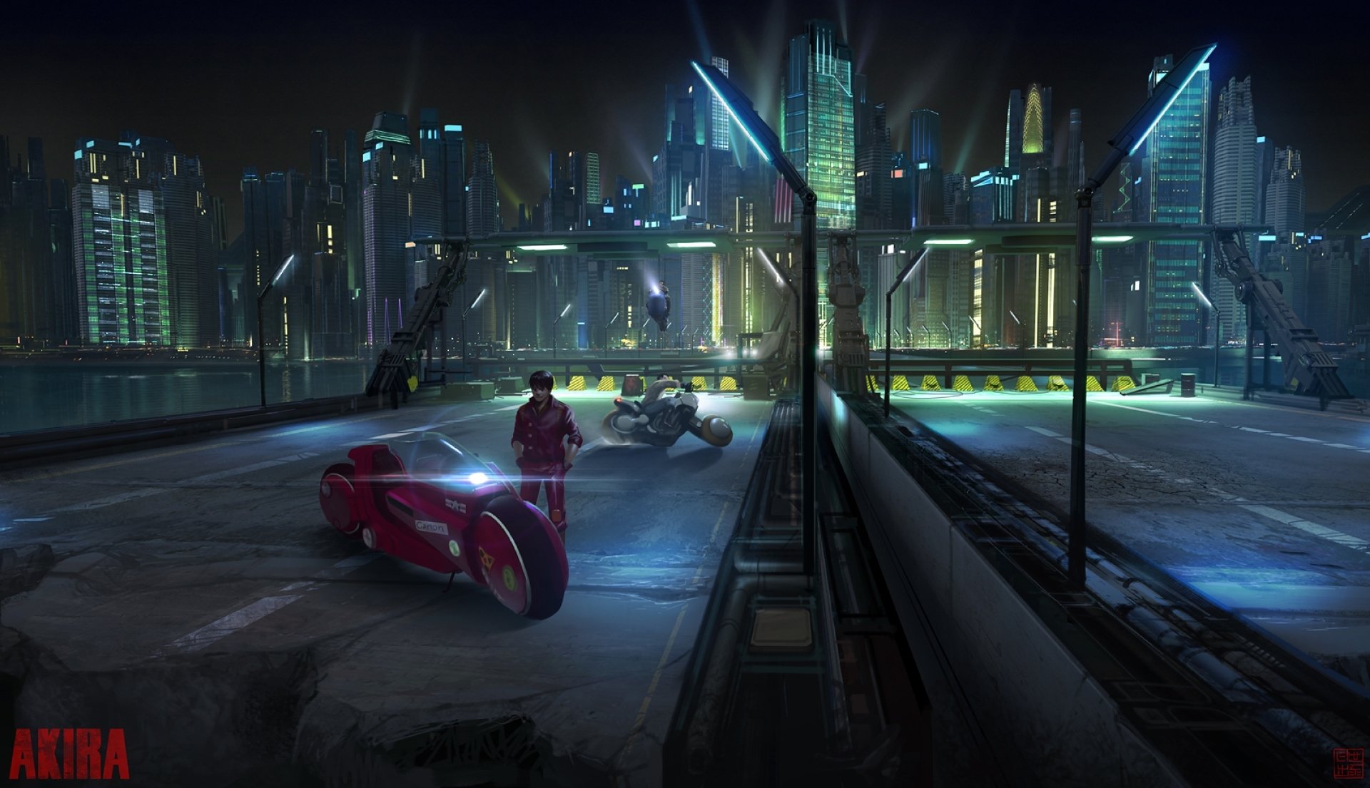 akira moto kaneda kaneda post-apocalyptique cyberpunk fiction kaneda vélo moto avenir nouveau tokyo bâtiments gratte-ciel pont autoroute ruines lanternes