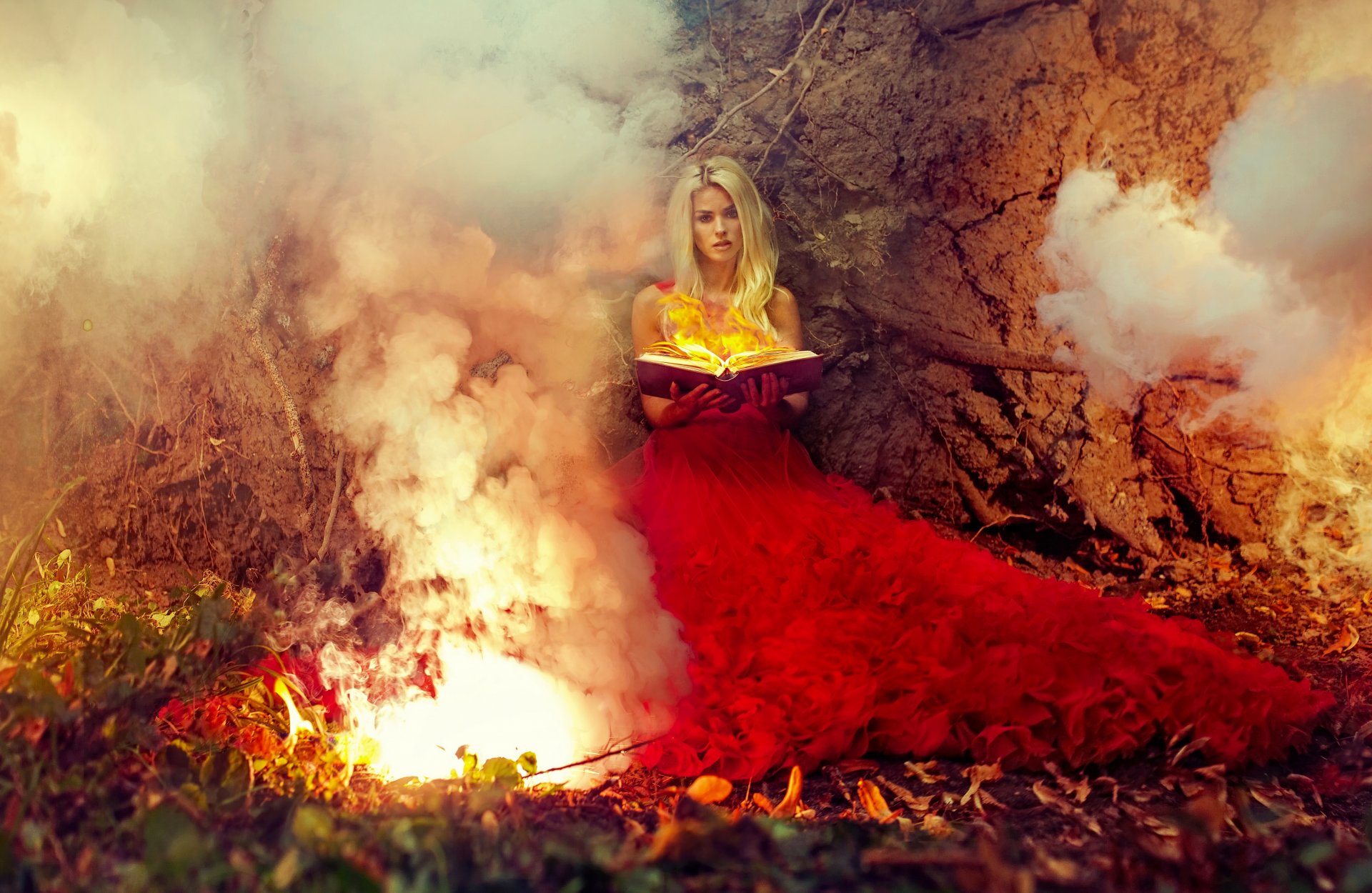 chica modelo vestido rojo vestido fuego libro magia