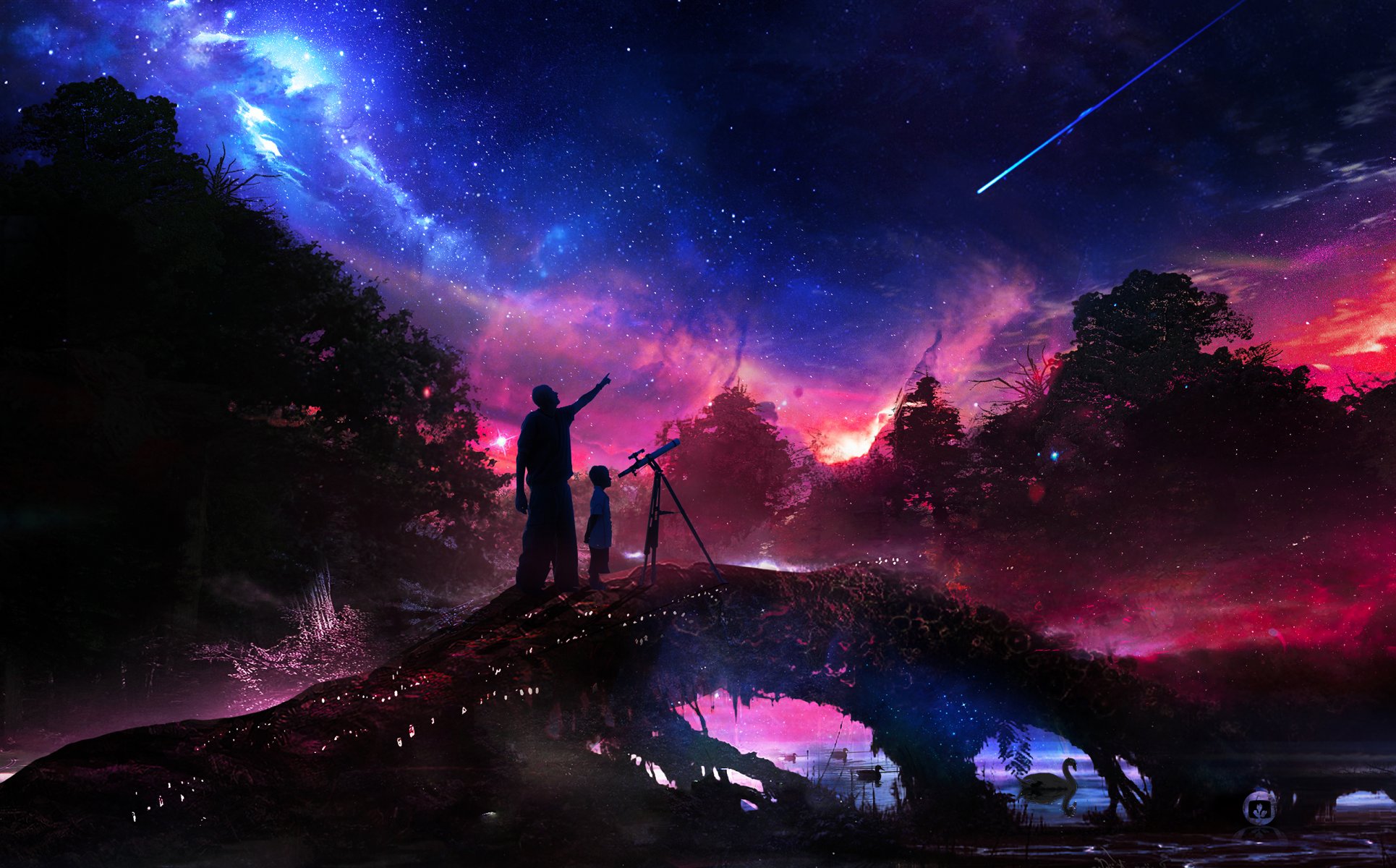 tar sky night space men telescope boys river water forest tree