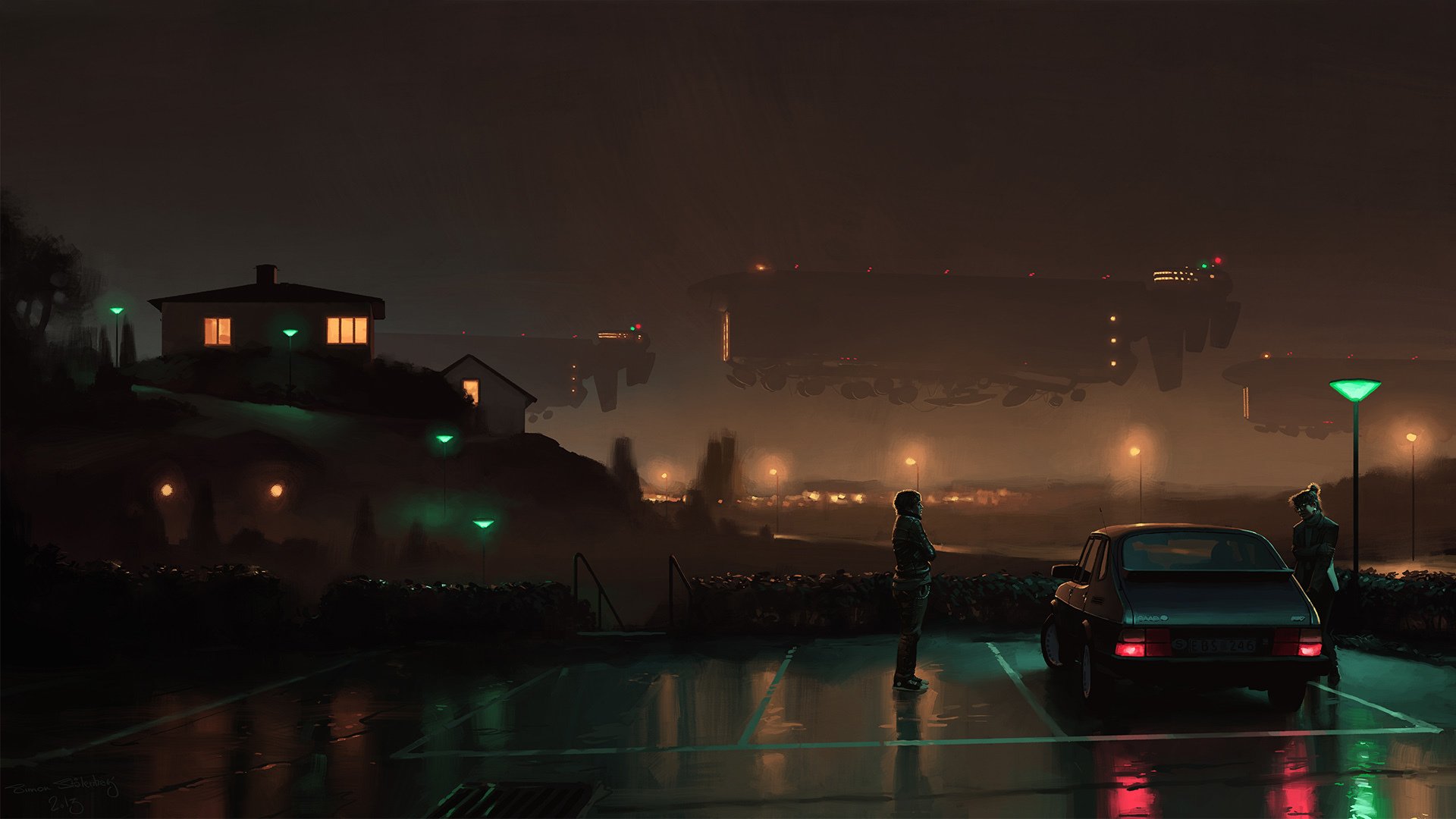 imon stålenhag simon stålenhag artista arte ficción noche luces pareja novio chica auto saab 900 estacionamiento casa luces de la ciudad naves aéreas