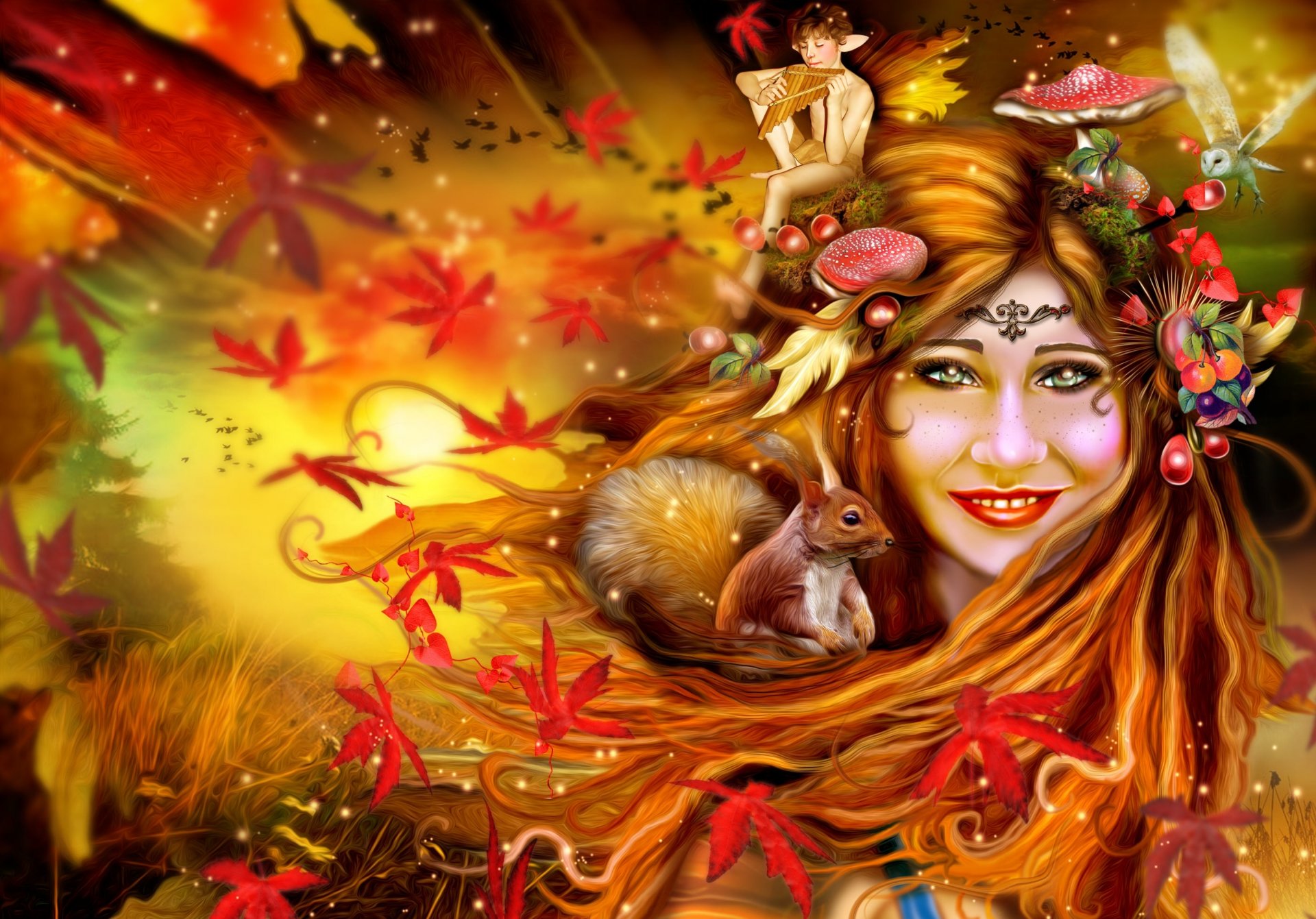 girl autumn protein elf mushrooms leaves owl