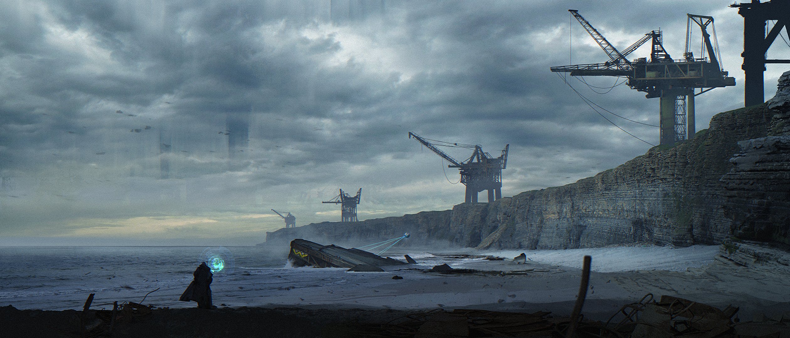 weyland yutani étranger planète homme rivage grue sable mer eau nuages fan art étrangers fiction