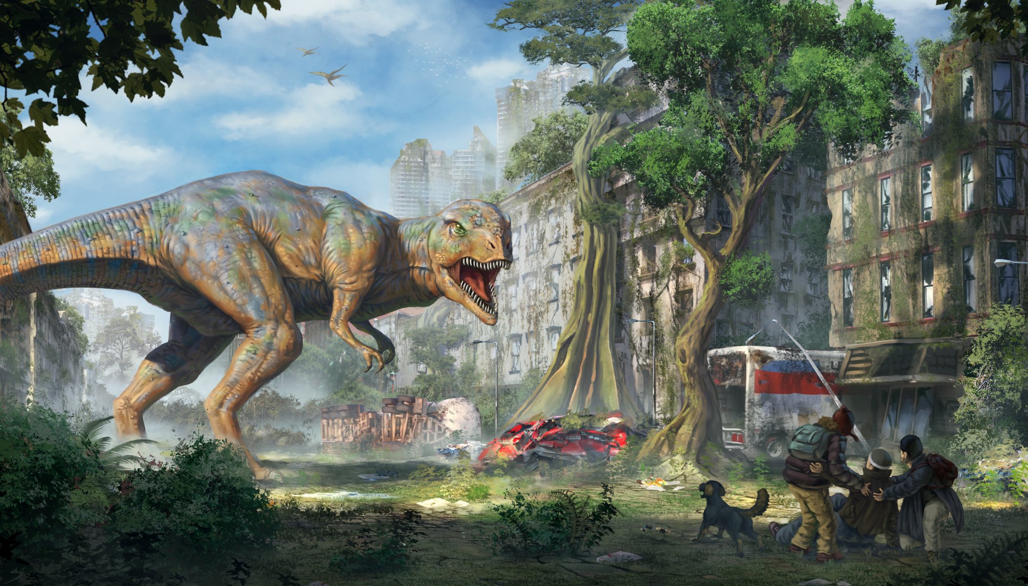 dinosauro città rovine persone rex arte fantascienza tirannosauro t-rex