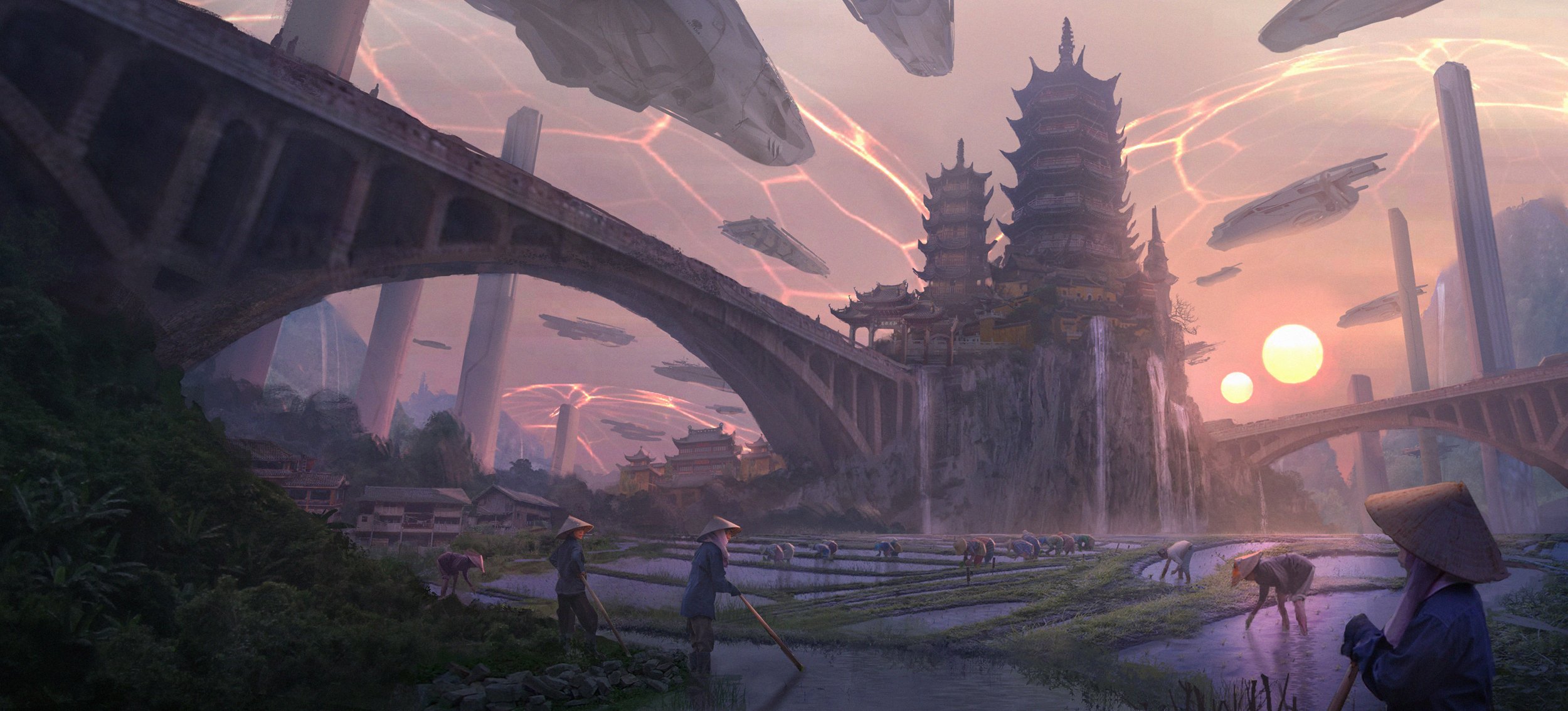 castle china empire art fantasy spaceship sunset fiction