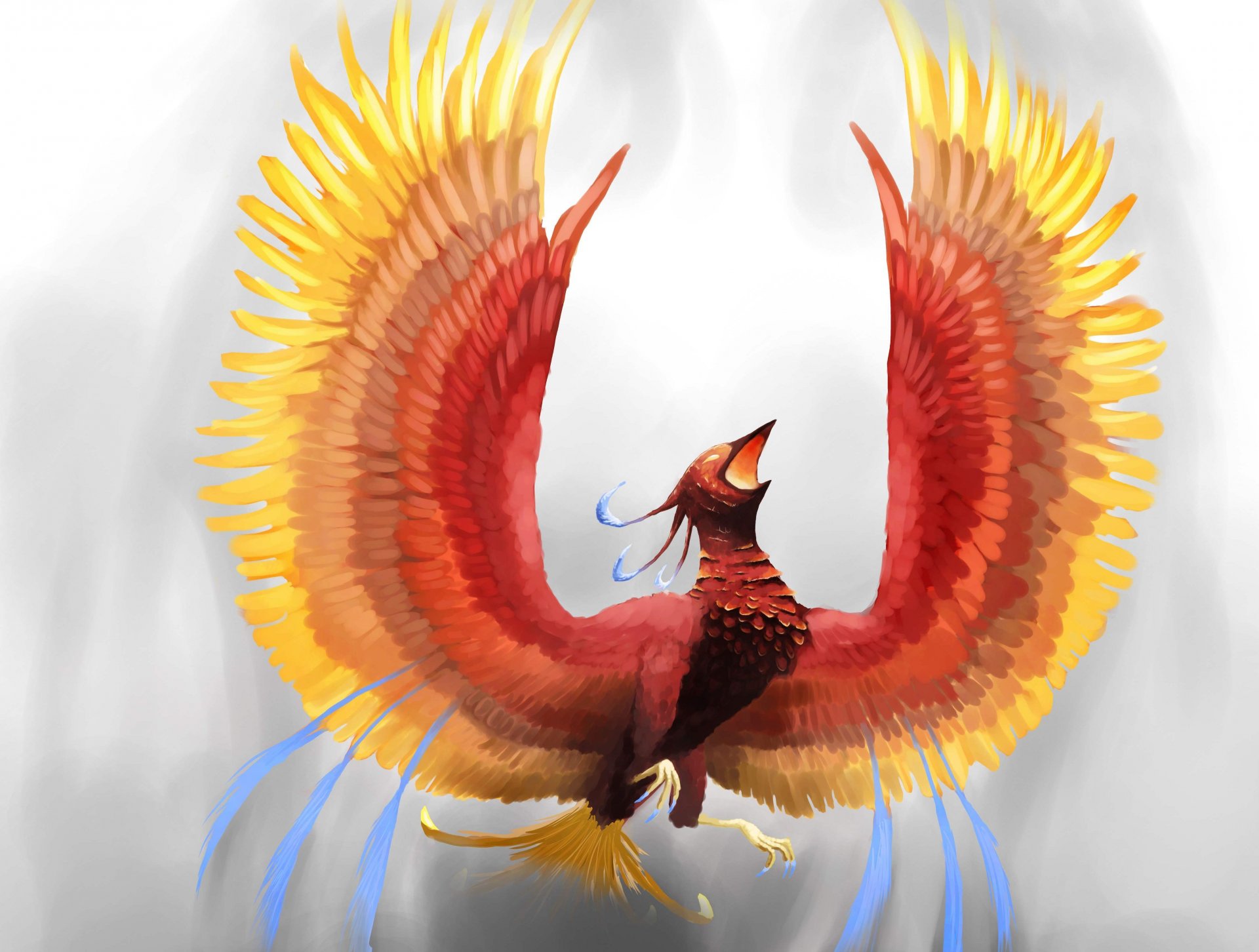 fiction art firebird phoenix beak view wings feathers fire background