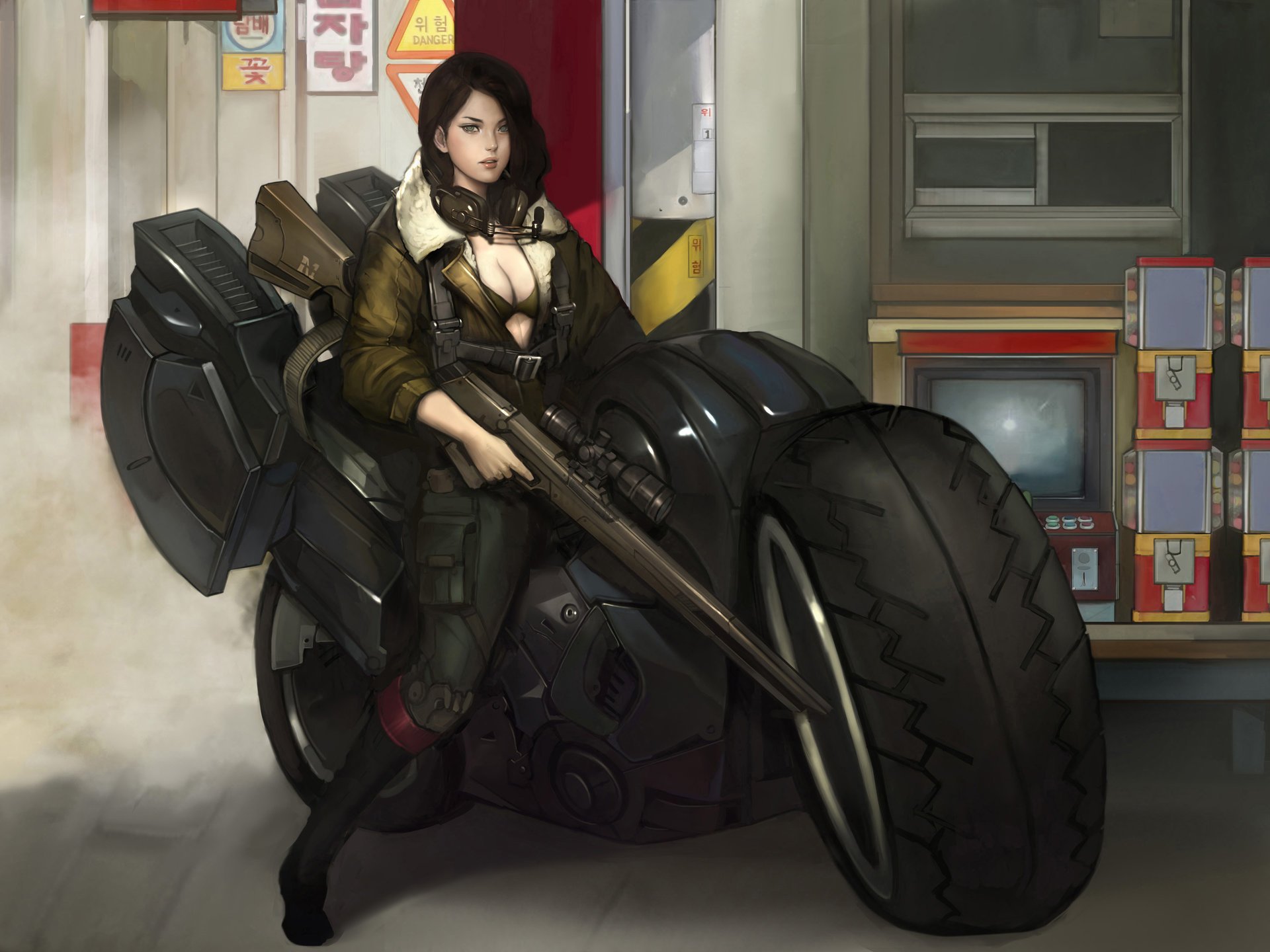 kunst kunst zeichnung cyberpunk sci-fi fiktion mädchen scharfschütze waffe gewehr motorrad jacke leder kopfhörer von namgwon lee