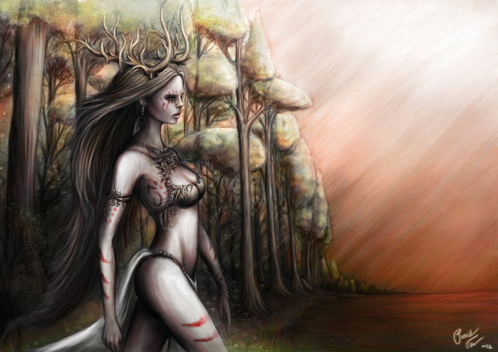 dryad girl horn long hair view forest tree water sky