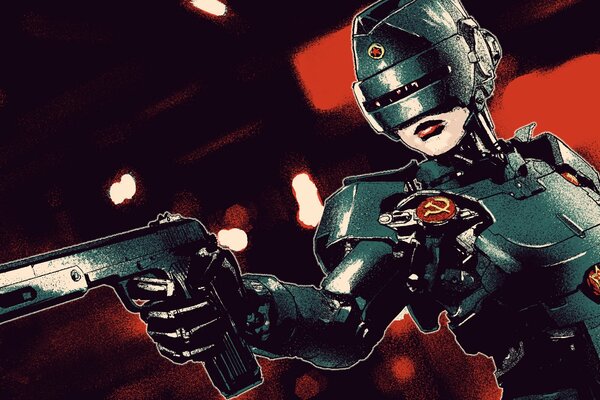 Robocop girl with a gun and attributes of the USSR