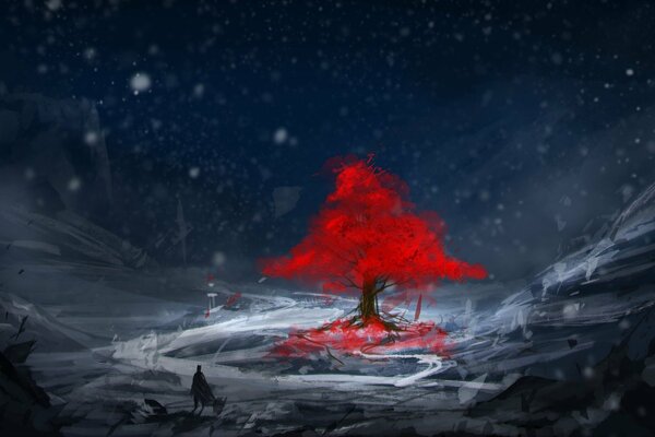 In winter , in red clothes , the tree stands