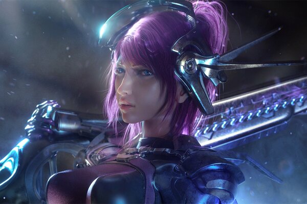 Ragazza di cyborg con grandi seni e capelli rosa che guardano avanti