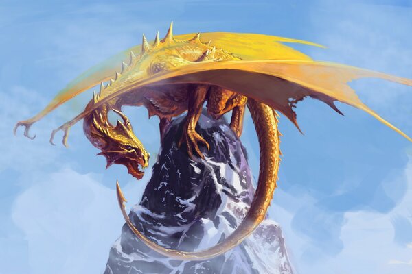 A yellow scaly dragon with an open mouth and spread wings on top of a mountain