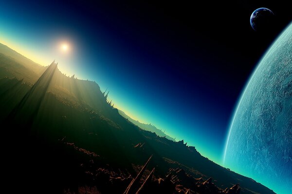 Planets in space at dawn